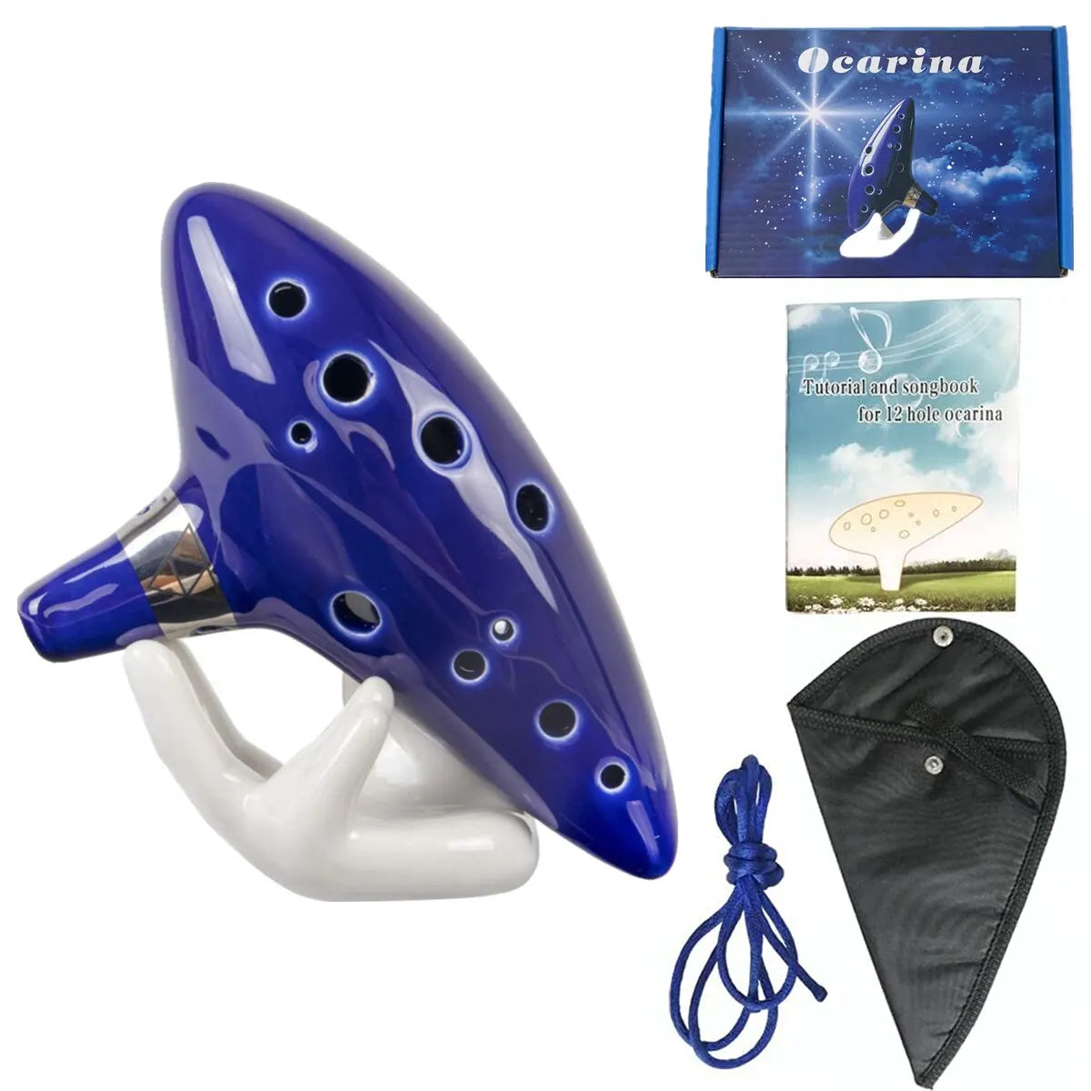 Ocarina, Instrumento Musical Ocarina de Cerámica Alto C de 12 Tonos con Canciones de Cuello Bolsa de Transporte, Azul