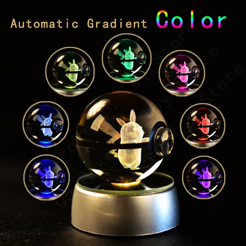 Bola de cristal de Pokémon 3D, 8CM, 5CM, Mewtwo, Pikachu, Gengar, figura de Pokeball, luz nocturna, lámpara LED, Base de regalo