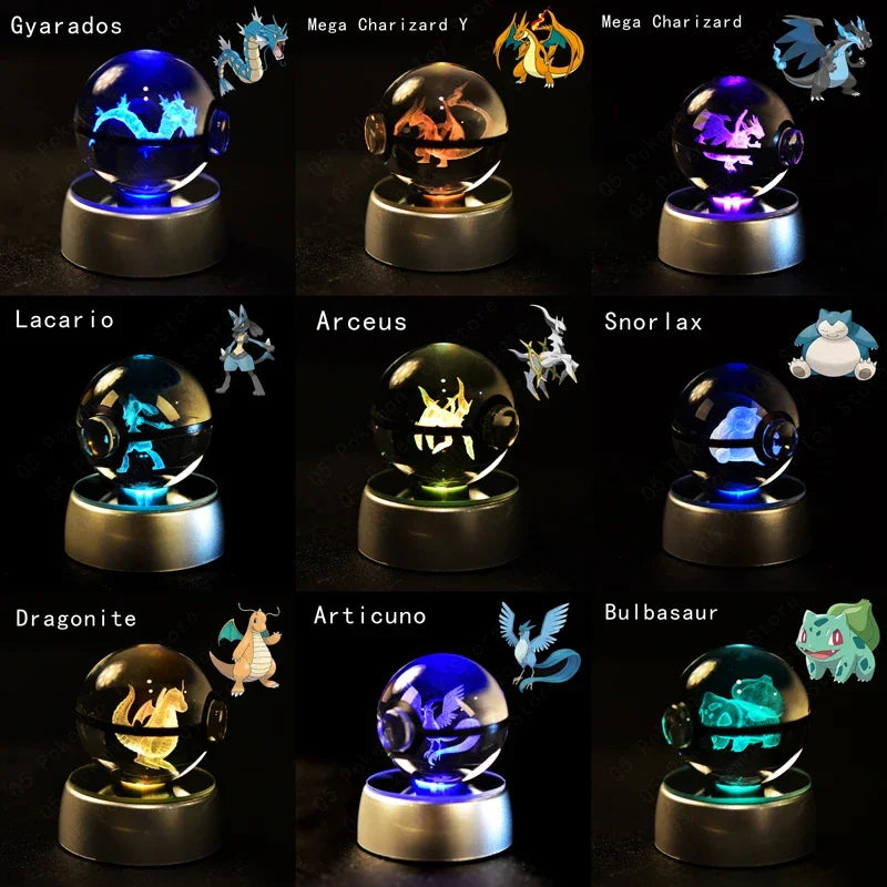 Bola de cristal de Pokémon 3D, 8CM, 5CM, Mewtwo, Pikachu, Gengar, figura de Pokeball, luz nocturna, lámpara LED, Base de regalo