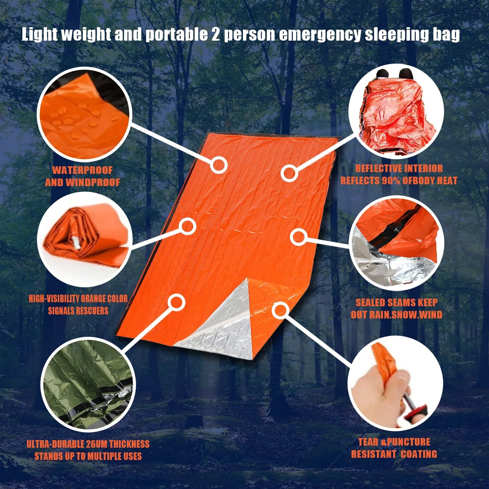 Saco de dormir de supervivencia de emergencia impermeable portátil, Edc al aire libre, equipo de Camping, saco térmico, Kit de rescate de primeros auxilios, manta Mylar