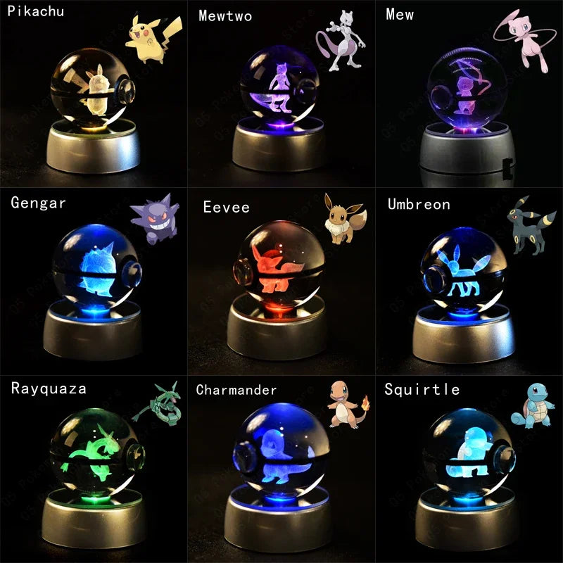 Bola de cristal de Pokémon 3D, 8CM, 5CM, Mewtwo, Pikachu, Gengar, figura de Pokeball, luz nocturna, lámpara LED, Base de regalo